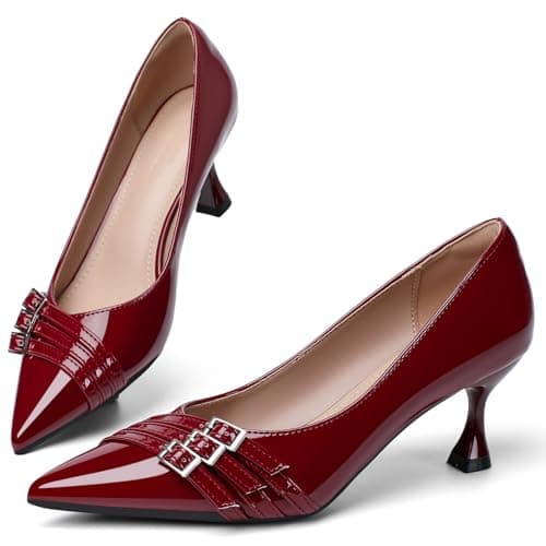 Red Kitten Heels for Women Leather Comfortable Closed Toe Pointed Toe Heels Wedding Party Dress Pumps Shoes Size 6 - Image 1