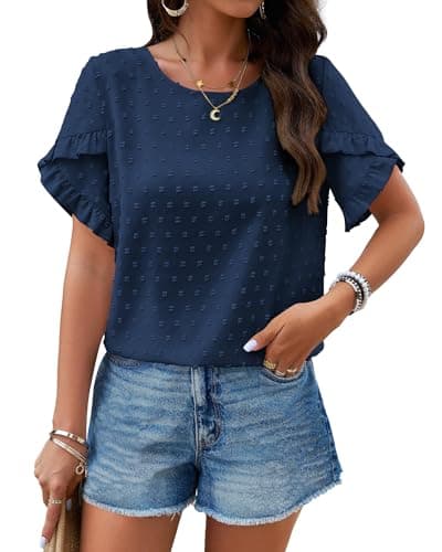 PRETTYGARDEN Women's Tops 2026 Summer Ruffle Short Sleeve Crewneck Blouses Swiss Dots Solid Loose Tunics Work Shirts(Navy,Small) - Image 1