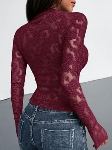 BTFBM Mesh Long Sleeve Tops for Women Lace Sexy Sheer Tight See Through Crew Neck Spring Fall 2026 Party Club Outfits(Burgundy, XX-Large) - Thumbnail 3