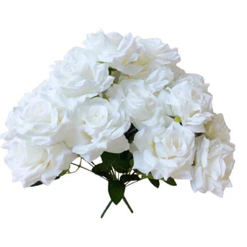 TransBloom 2 Bouquets, White Roses Artificial Flowers, Fake Roses Bouquet, 18 Heads, 16 Inch, Faux Wedding Bouquets with Stems, Floral centerpieces for Tables, Outdoor Decor (White)