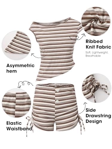 EXLURA Women 2 Piece Summer Outfits Casual Striped Lounge Set Ribbed Knit Off Shoulder Short Sleeve Top and Drawstring Shorts - Thumbnail 3