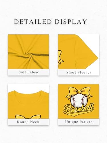Baseball Shirts for Women Cute Bow Graphic T-Shirt Softball Mom Tee Funny Baseball Fan Short Sleeve Top Yellow - Thumbnail 6