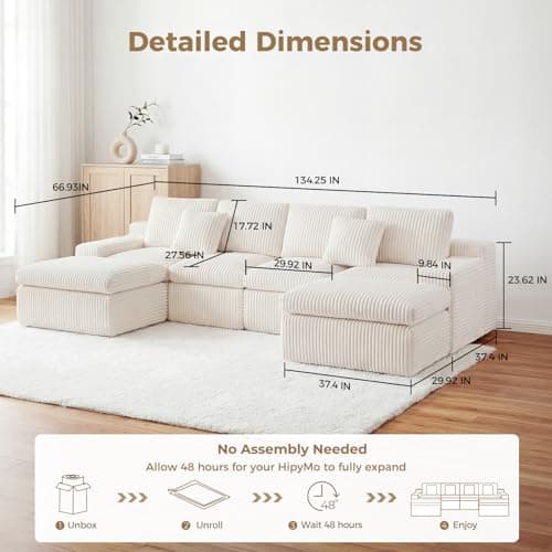 HipyMo 134" U Shaped Boneless Sectional Couches for Living Room, Modern Modular Sectional Sofa with 2 Ottomans, Comfy Corduroy Cloud Couches with Deep Seats for Apartment, No Assembly Required, Beige - Thumbnail 2