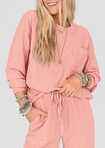 KIRUNDO Lounge Sets for Women 2026 Spring Airport Travel Outfits Ribbed Knit Tops Jogger Pants Tracksuit Postpartum Comfy Set(Pink, Medium) - Thumbnail 5