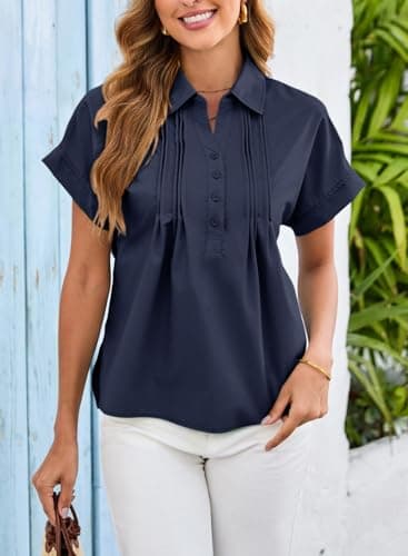 Dokotoo Womens Short Sleeve Shirts Collared Neck Pleated Ladies Tops and Blouses Button Down Loose Fit Trendy Tops for Women Fashion Business Casual Outifits Going Out Tops Navy Blue Shirts Small - Thumbnail 3