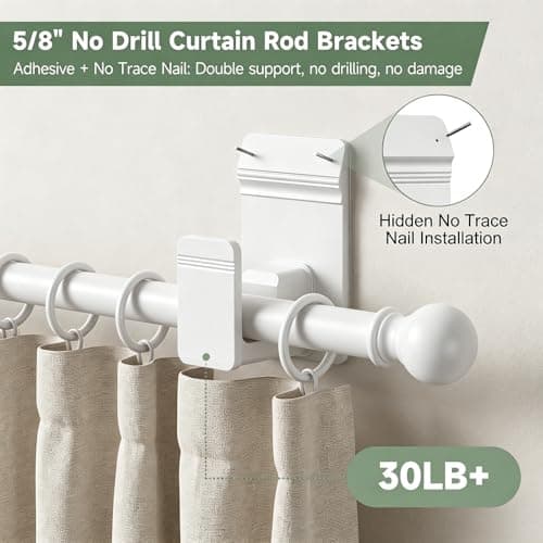 EKOTTOK No Drill Curtain Rod Brackets for 5/8" Rod, Heavy Duty 30LB+, Adhesive & Invisible Nail Curtain Rod Holders, Damage-Free Wall Mount Hooks for Bathroom, Kitchen, Bedroom (8PC, White) - Thumbnail 2