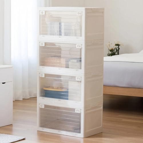 ABAMFUR 101QT Plastic Stackable Storage Bins, 4 Pack Collapsible Plastic Storage Bins with Lid, Doors & Wheels, for Closet Bedroom, White - Thumbnail 3