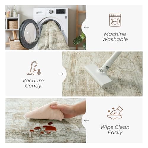 Carpelux Large Area Rugs 9x12 Living Room, Washable Soft Faux Wool Carpet for Bedroom Dining Room, Neutral Vintage Distressed Non Slip Stain Resistant Beige Rug for Office Decor - Thumbnail 6