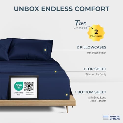 THREAD SPREAD 100% Egyptian Cotton Sheets California King Size - 1500 Series Cal King Sheets Egyptian Cotton (4 PC, Navy Blue), Silky Soft, Sateen Weave, Cooling & Breathable, 17" Deep Pocket Bed Set - Thumbnail 3
