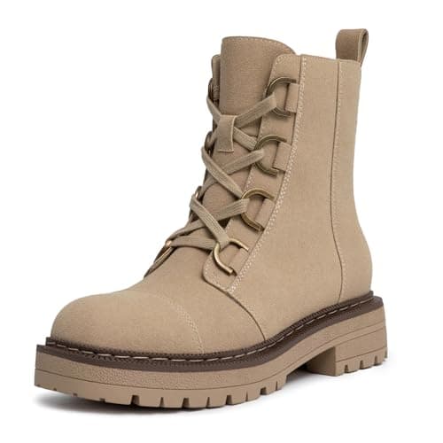 Women's Low Chunky Heel Lace-Up Platform Ankle Combat Boots Taupe Size 9.5