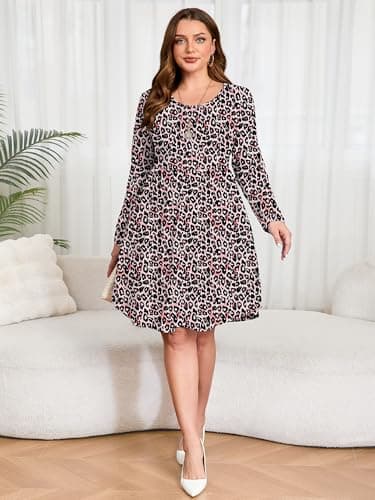 AusLook Women's Plus Size Long Sleeve Midi Dress Crewneck Casual Empire Waist Loose Flowy Dresses A-Line Boho Party 2025 Fall Winter Long Fancy Peachy Leopard 2X Dress with Pockets - Thumbnail 3