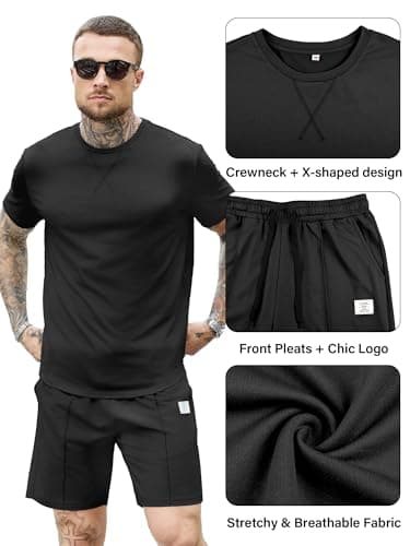 JEMLDL Men's Black 2 Piece Loungewear Set Short Sleeve T-Shirt & Shorts Summer Outfits Casual Comfortable Clothes for Vacation Travel L - Thumbnail 2