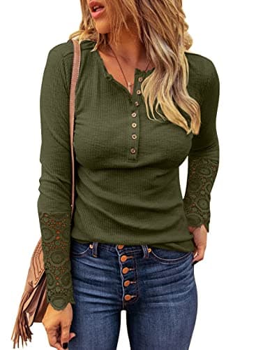 BTFBM Women Long Sleeve Shirts Spring Solid Button Up V Neck Lace Long Sleeves Slim Fit Knit Casual Fall T-Shirts 2026(Amry Green,Small) - Image 1