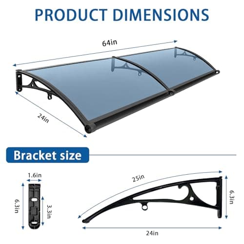 Awnings for Windows Outside - Awning for Door Entrance Aluminum Bracket Awnings 24x64in Front Doors/Windows Overhang Awning Canopy for Porch/Patio/Deck/Cellar UV/Rain/Snow Protection - Thumbnail 2