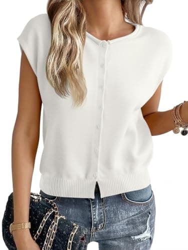 Cicy Bell Womens Cap Sleeve Sweater Vest Lightweight Casual Knit Tank Tops Trendy Crew Neck Button Cardigans White - Image 1