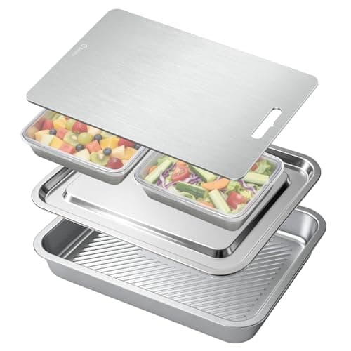 7-in-1 Stainless Steel Grill Prep Trays & Carry System, Large Lidded Marinating Containers with Cutting Board & 2 Food Storage Containers with Lids, Stackable BBQ Grill Accessories for Outdoor Cooking - Image 1