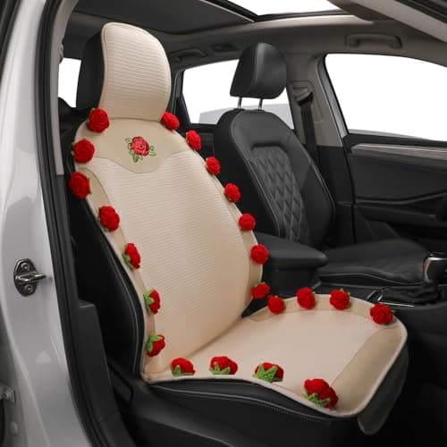 Custaura Car Seat Covers,Handmade 3D Rose Design Floral Car Seat Protector,Beige & Red Elegant Seat Cushion,Luxury Universal Automotive Front Seat Covers for Women for Cars,SUVs & Trucks(1-Piece) - Image 1