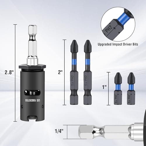 WORKPRO Drywall Screw Setter/Extractor Impact Bit Holder, Fits Any Standard 1/4” Driver, Comes with 5*Protective Rings, 2 * 1" &2 * 2" PH2 Bits, Single-Handed Operation for DIYers - Thumbnail 2