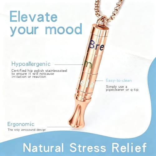 Fidget Necklace with Spinning Calm, Breathe, Relax Charms - Sensory Anxiety Relief & Deep Breathing Aid Stainless Steel Necklaces for Women Men (Rose Gold) - Thumbnail 3