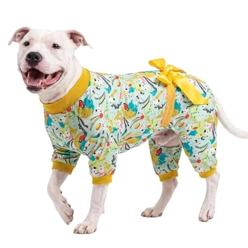 LovinPet Dog Pajamas XXL, Mint Outer Space Print, Wound Care and Post Surgery Onesie, UV Protection Fabric, Pet Anxiety Relief Shirt, Pet PJ's, Pitbull Clothes, Yellow XXL - Image 1