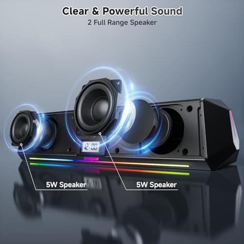 SOULION R80 Bluetooth Computer Speakers, USB Plug & Play PC Speakers with Digital Clock Display, Clear Sound Soundbar with Colorful LED Lights for Desktop Monitor Laptop (USB Adapter Included) - Thumbnail 2