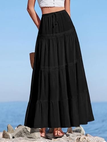 BTFBM Spring Skirts for Women 2026 Summer Boho Beach Vacation Clothes Casual Pleated High Waisted Flowy Maxi Skirt(Black, X-Large) - Thumbnail 6