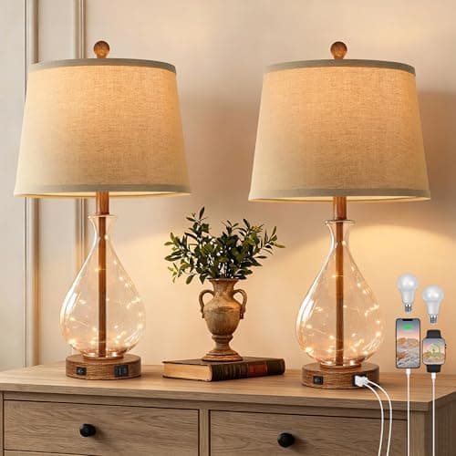 QiMH Farmhouse Table Lamps Set of 2 with Night Light, Mid Century Modern Bedside Lamps for Living Room, Glass Nightstand Lamp with USB A+C Ports, Rustic Vintage Table Lamp for Bedroom, Bulbs Included