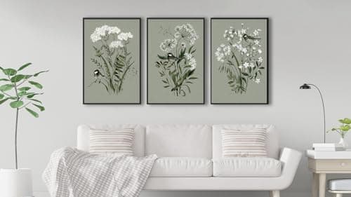 Large Flowers Canvas Wall Art - Wood Framed Wall Pictures Aesthetic Botanical Spring Plants Paintings Sage Green Artwork Prints for Living Room Bedroom Office Home Decor 24" X 36" X 3 Panels - Thumbnail 2