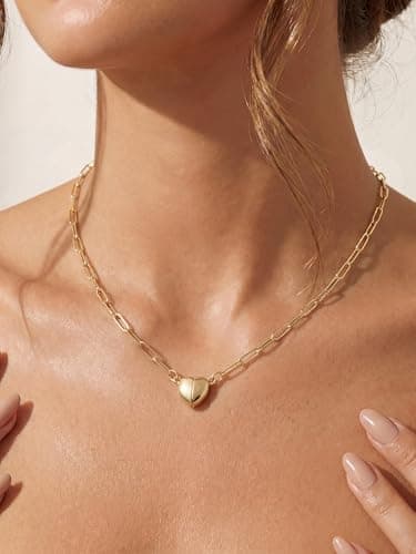 CTEEGN 14K Gold Heart Necklaces for Women, Magnetic Heart Necklace, Dainty Paperclip Chain with Easy-On Magnetic Clasp, Non Tarnish Bubble Heart Pendant, Tiny Everyday New Beginnings Gift for Her - Thumbnail 2