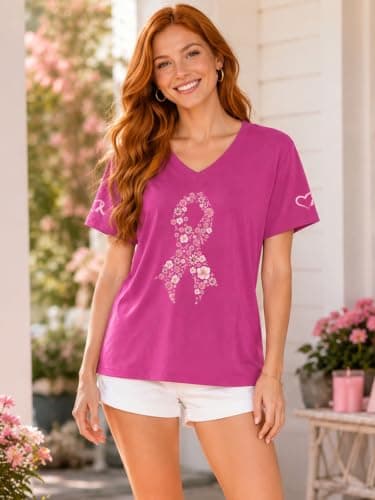 QIXYN Breast Cancer Shirts for Women Pink Ribbon Cancer Survivor Shirt - Thumbnail 4