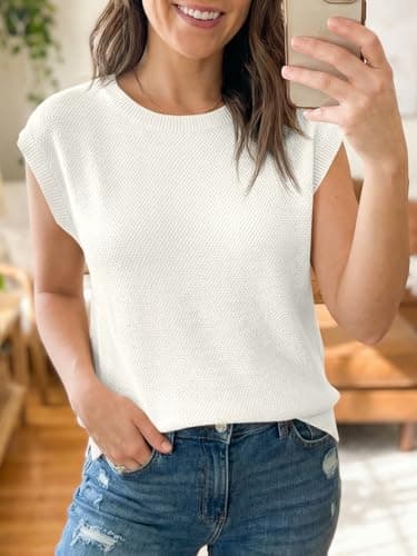 Saodimallsu Womens Short Sleeve Sweater Tops Summer Crewneck Lightweight Knit Casual Loose Sleeveless Sweater Vest White - Thumbnail 3