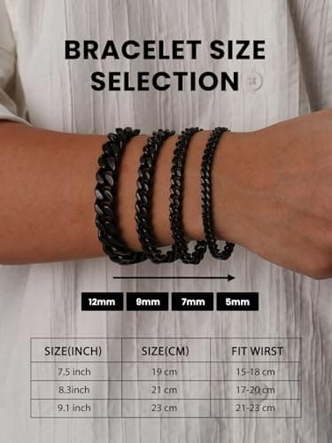 Bestyle 5mm Men's Cuban Link Chain Bracelet Gift for Men Cool Sturdy Black Mens Hand Chain Hip Hop Bracelets for Men Party Jewelry, Hypoallegenic Tranish Resistant, 5mm 21cm/8.3Inch - Thumbnail 2