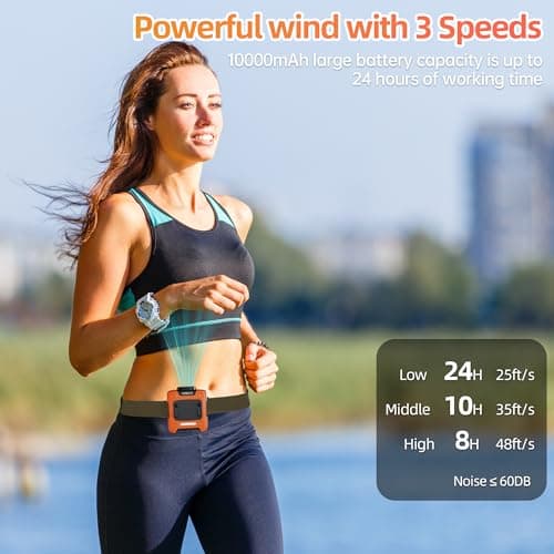 AMKEN Waist Fan, 10000mAh Rechargeable Belt Clip Fan, 24H Runtime, 49ft/s Strong Airflow, 3-Speed 7-in-1 Hands-Free Wearable with LED SOS Warning Light for Jobsite, Warehouse, Camping, Outdoor Work - Thumbnail 3