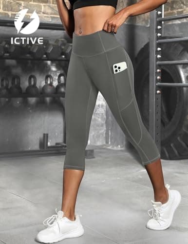 Fihapyli ICTIVE Women's Capris Yoga Pants with Pockets Running Pilates Fitness Running High Waisted Leggings Grey L - Thumbnail 3