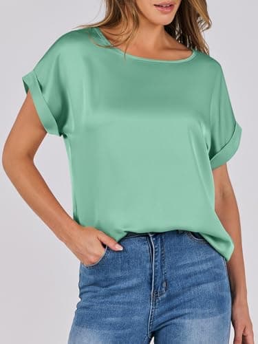 ANRABESS Women's Summer Dressy Casual Short Sleeve Shirts Crewneck Satin 2026 Business Office Work Blouse Tops Light Green Large - Thumbnail 6