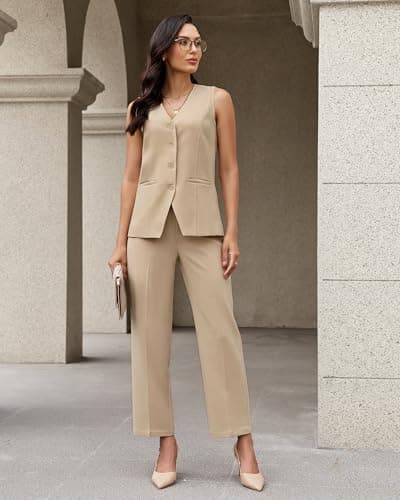 luvamia Vest Pants Suits for Women Dressy 2 Piece Sets Sleeveless Blazer Straight Leg Dress Pants Business Casual Outfit Beige XX-Large Fits US 20-22 - Thumbnail 6