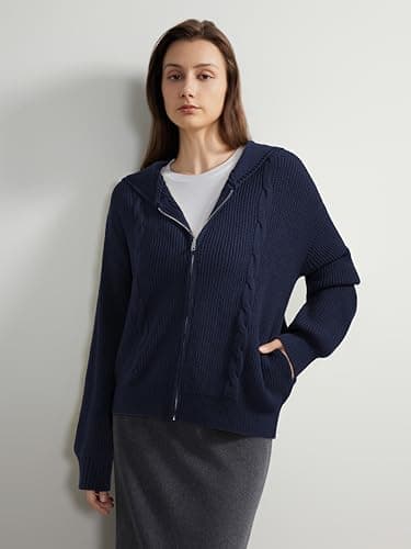 SUUKSESS Women Chunky Knit Cashmere Blend Sweaters Zip up Oversized Hoodies Cardigan with Pockets Long Sleeve Fall Jackets Outerwear (Navy Blue, S) - Thumbnail 2