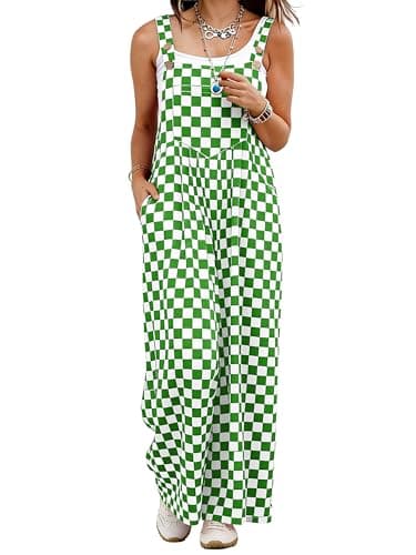 IWOLLENCE Women's Casual Loose Checkered Overalls Summer Wide Straight Leg Jumpers and Rompers Y2K Plaid Sleeveless Jumpsuits with Pockets Beach Vacation Outfits Green White, L - Image 1