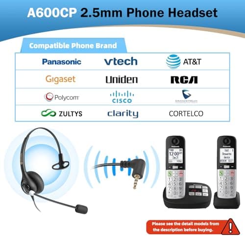 Arama Cordless Phone Headset for Landline Phone, 2.5mm Jack Telephone Headset with Noise-Cancelling Mic & Volume Control, Wired Headset Compatible with Panasonic AT&T Vtech Uniden - Thumbnail 3