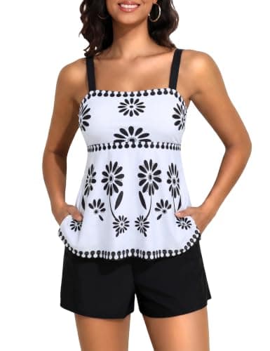 Hilor 2026 Tankini Swimsuits for Women Retro Empire Waist Two Piece Bathing Suits with Shorts Modest Swimwear Monochrome Floral 2XL/US14-16 - Image 1
