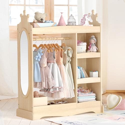 Curipeer Kids Dress up Storage with Mirror, Kids Wardrobe with Storage & 3 Hooks, Kids Closet for Girls Boys, Kids Costume Organizer, Open Hanging Armoire Wardrobe Closet for Bedroom, Natural - Image 1