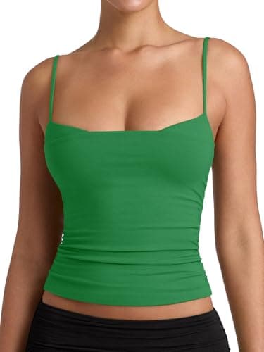 PINKMSTYLE Women Double Layer Spaghetti Strap Tank Tops Sleeveless Camisole Tops Fitted Ruched Cami Shirt Kelly Green Small - Thumbnail 2