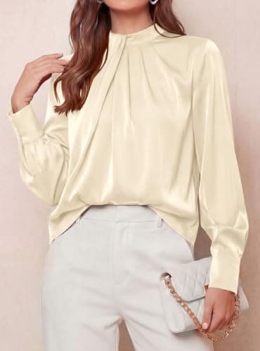 PRETTYGARDEN Women Satin Tops Mock Neck Long Sleeve Shirts,Beige,XXL - Thumbnail 5