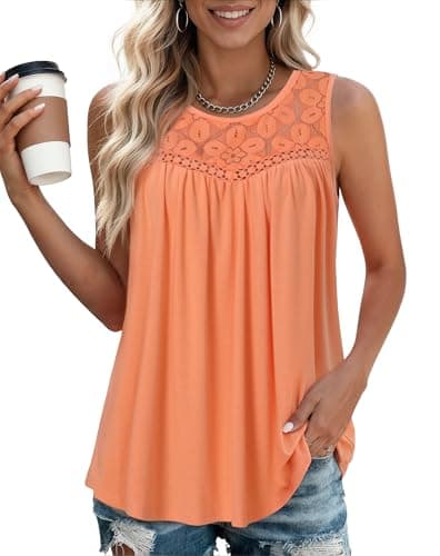 Summer Tank Tops for Women - Sleeveless Womens Tank Tops, Floral Lace Top Loose Fit Round Neck Blouses for Casual Wear Coral - Image 1