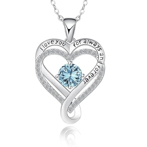 snugcubby Birthstone Necklace for Women, March Birthstone aquamarine Necklaces silver Anniversary Heart Necklace Women's Jewelry Mother’s Day, Valentine’s Day Gifts for Women - Image 1
