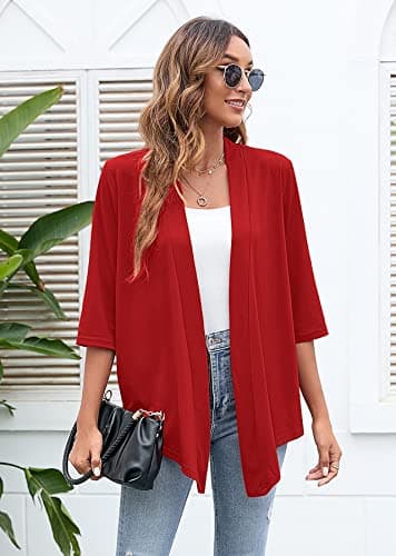 Heymoments Cardigan for Women Crimson Large Draped Open-Front 3/4 Sleeve Lightweight Casual Soft Drape Summer Fall Kimonos Cardigans - Thumbnail 3