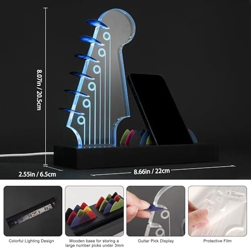 Light Up Guitar Pick Holder—Electric Guitar Headstock Design with 7-Color Changing Lights,Gifts for Music Lovers,Guitar Pick Display and Storage With Wooden Base&Phone Stand,Guitar Accessories. - Thumbnail 5