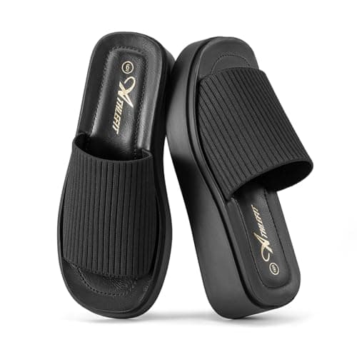 Athlefit Women's Slip On Platform Sandals Comfortable Open Toe Flatform Chunky Black Sandals Size 7 - Thumbnail 5