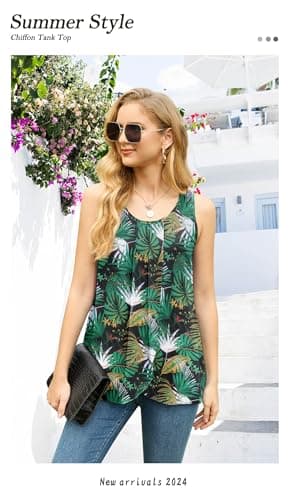 IWOLLENCE Womens Summer Tank Tops Sleeveless Chiffon Double Layers Blouse Loose Round Neck Casual Shirts Black Palm Leaf Medium - Thumbnail 3