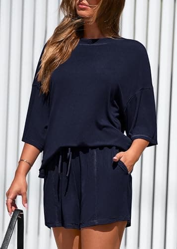 KIRUNDO 2 Piece Sets for Women Summer Lounge Sets Casual Oversized Tshirts Shorts Matching Airport Travel Outfits Postpartum(Navy Blue, XX-Large) - Thumbnail 5